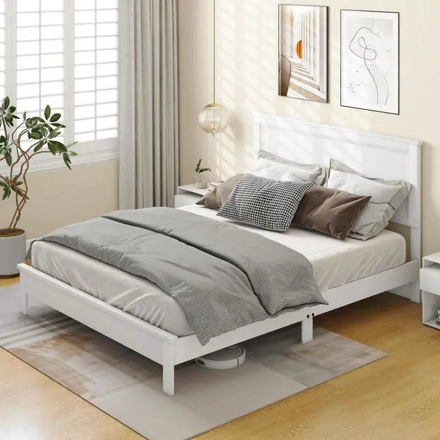 Alt view image 2 of 7 - SlickBlue Queen Size Bed Frame Platform Slat High Headboard Bedroom with Rubber Wood Leg-White