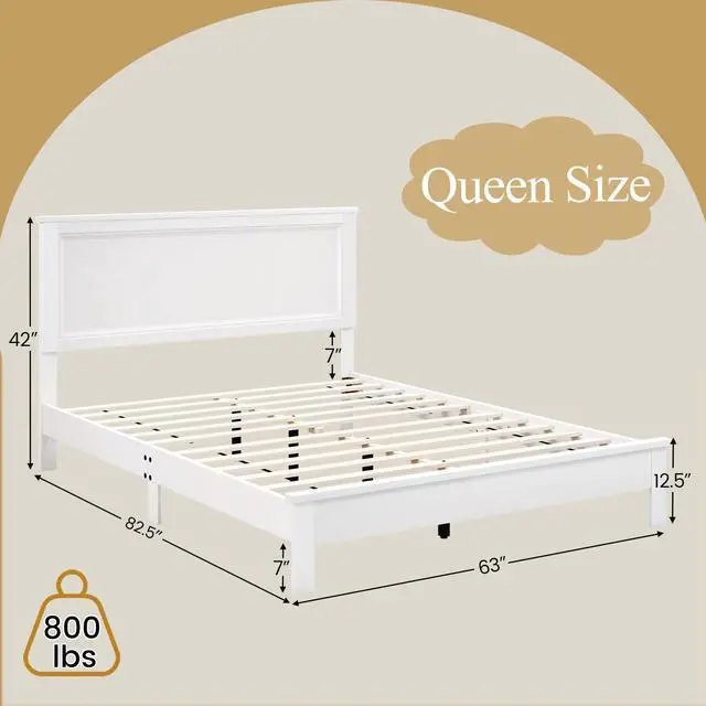 Alt view image 4 of 7 - SlickBlue Queen Size Bed Frame Platform Slat High Headboard Bedroom with Rubber Wood Leg-White