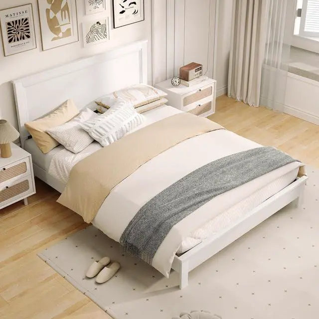 Alt view image 5 of 7 - SlickBlue Queen Size Bed Frame Platform Slat High Headboard Bedroom with Rubber Wood Leg-White