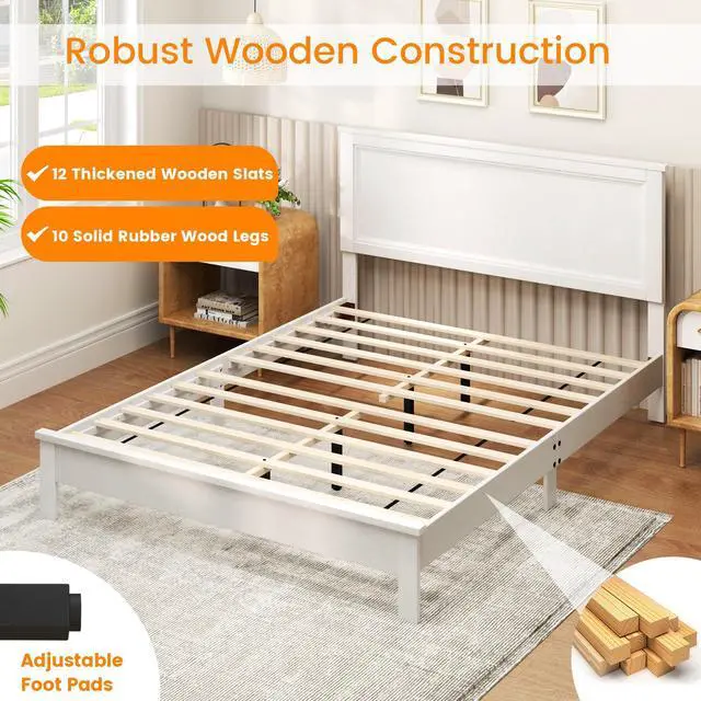 Alt view image 7 of 7 - SlickBlue Queen Size Bed Frame Platform Slat High Headboard Bedroom with Rubber Wood Leg-White