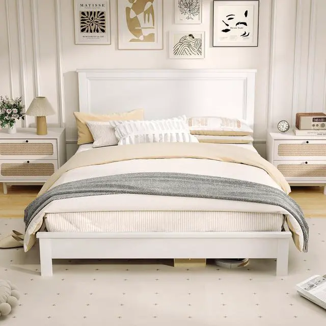Alt view image 6 of 7 - SlickBlue Queen Size Bed Frame Platform Slat High Headboard Bedroom with Rubber Wood Leg-White