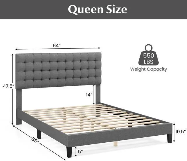 Alt view image 5 of 7 - SlickBlue Queen Size Upholstered Platform Bed with Square Stitched Headboard