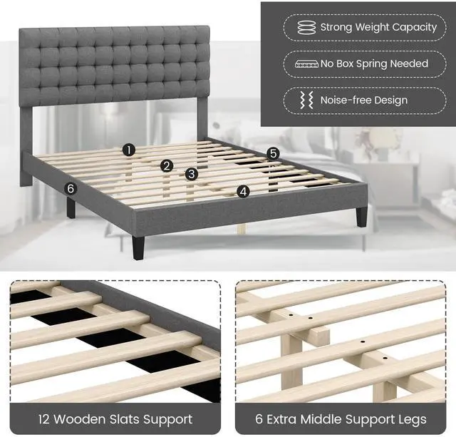 Alt view image 6 of 7 - SlickBlue Queen Size Upholstered Platform Bed with Square Stitched Headboard