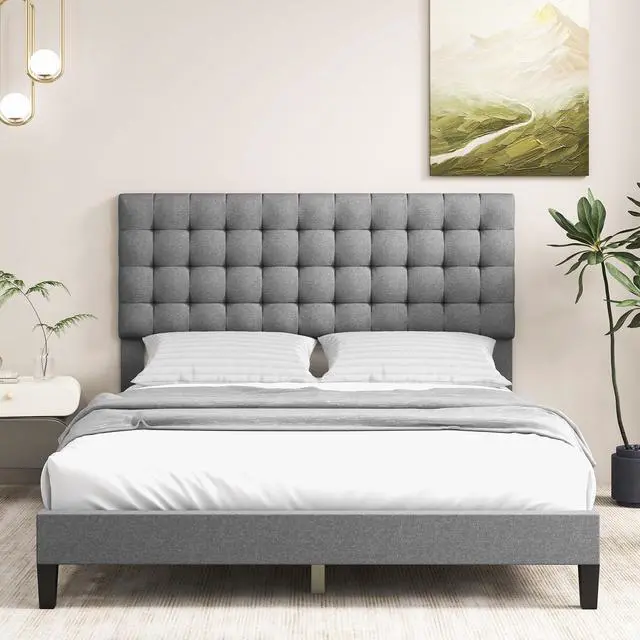 Alt view image 2 of 7 - SlickBlue Queen Size Upholstered Platform Bed with Square Stitched Headboard