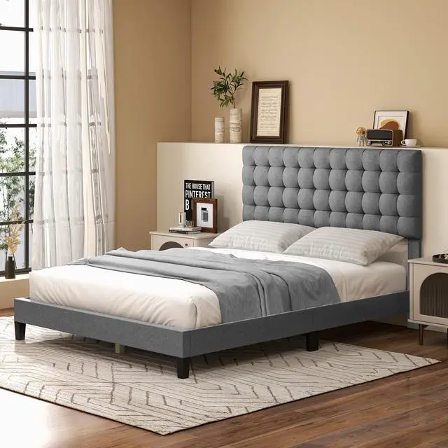 Alt view image 3 of 7 - SlickBlue Queen Size Upholstered Platform Bed with Square Stitched Headboard