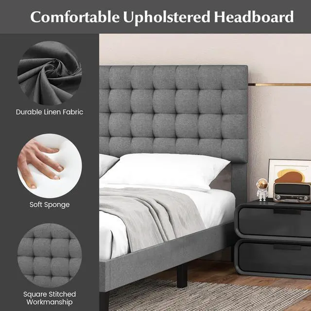 Alt view image 7 of 7 - SlickBlue Queen Size Upholstered Platform Bed with Square Stitched Headboard