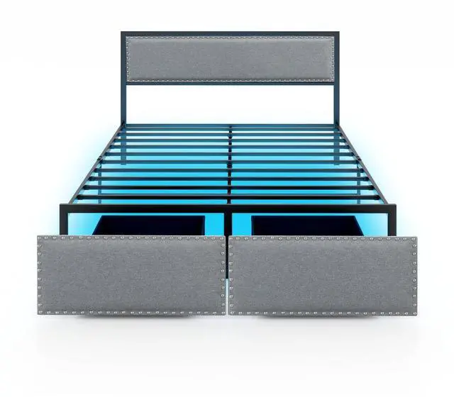 Main image of SlickBlue Bed Frame with LED Lights Drawer and Metal Slats-Queen Size