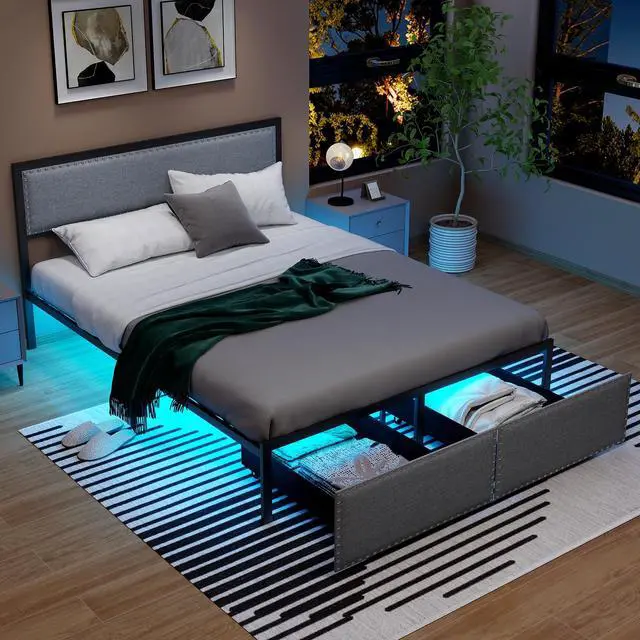 Alt view image 2 of 7 - SlickBlue Bed Frame with LED Lights Drawer and Metal Slats-Queen Size