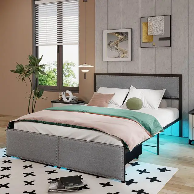Alt view image 3 of 7 - SlickBlue Bed Frame with LED Lights Drawer and Metal Slats-Queen Size
