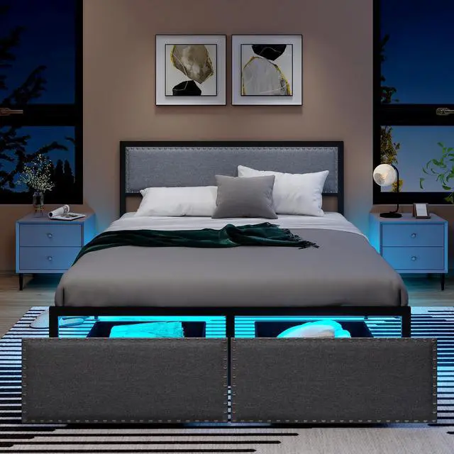 Alt view image 5 of 7 - SlickBlue Bed Frame with LED Lights Drawer and Metal Slats-Queen Size