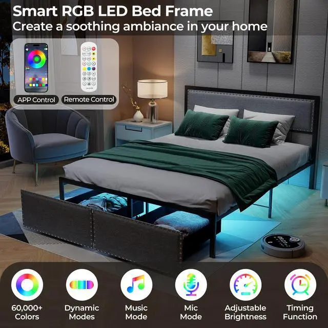 Alt view image 6 of 7 - SlickBlue Bed Frame with LED Lights Drawer and Metal Slats-Queen Size