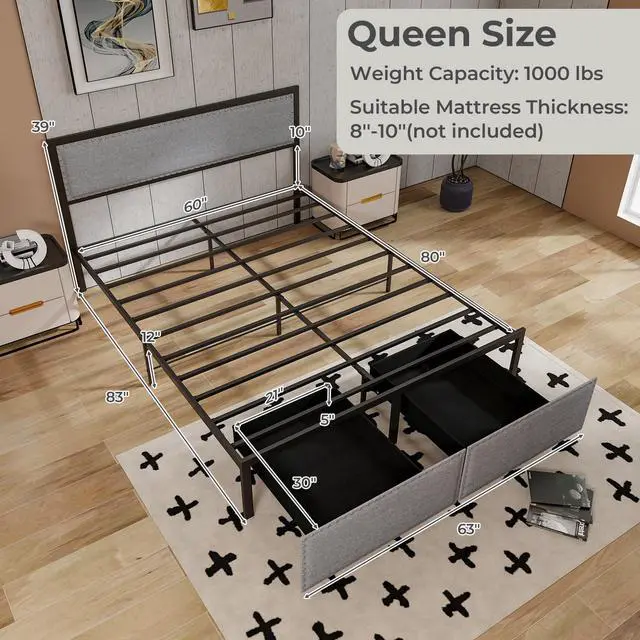 Alt view image 4 of 7 - SlickBlue Bed Frame with LED Lights Drawer and Metal Slats-Queen Size