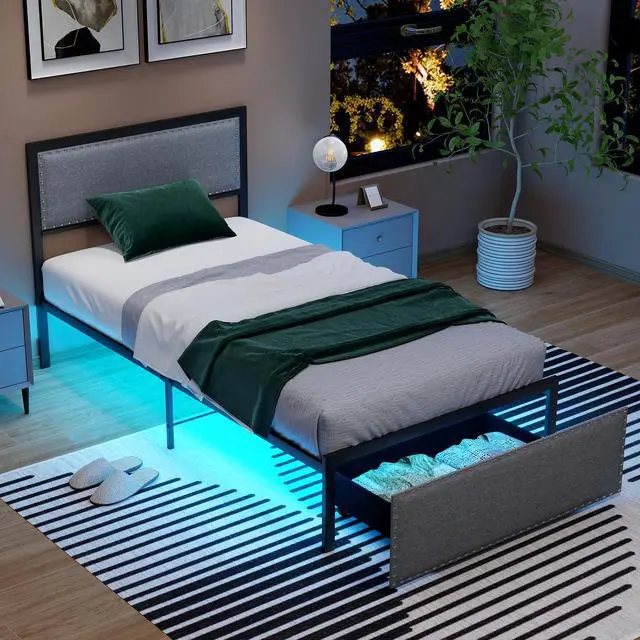 Alt view image 2 of 7 - SlickBlue Bed Frame with LED Lights Drawer and Metal Slats-Twin Size