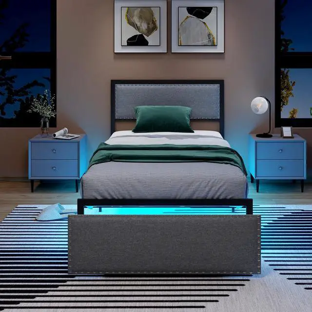 Alt view image 3 of 7 - SlickBlue Bed Frame with LED Lights Drawer and Metal Slats-Twin Size