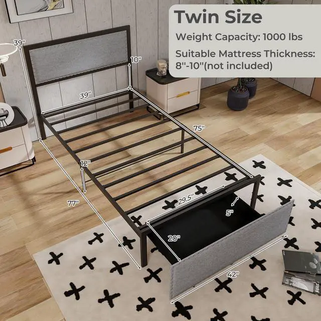 Alt view image 4 of 7 - SlickBlue Bed Frame with LED Lights Drawer and Metal Slats-Twin Size