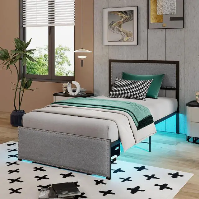 Alt view image 5 of 7 - SlickBlue Bed Frame with LED Lights Drawer and Metal Slats-Twin Size