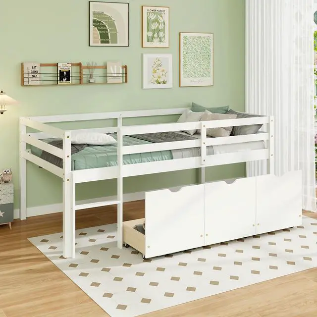 Alt view image 2 of 7 - SlickBlue Twin Size Low Loft Bed with 3 Drawers with Ladder and Full-length Guardrails