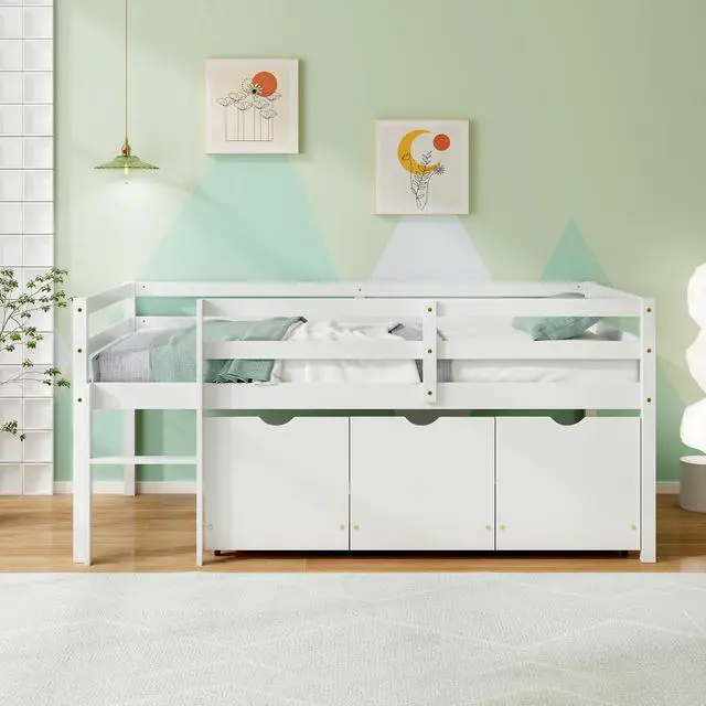 Alt view image 3 of 7 - SlickBlue Twin Size Low Loft Bed with 3 Drawers with Ladder and Full-length Guardrails