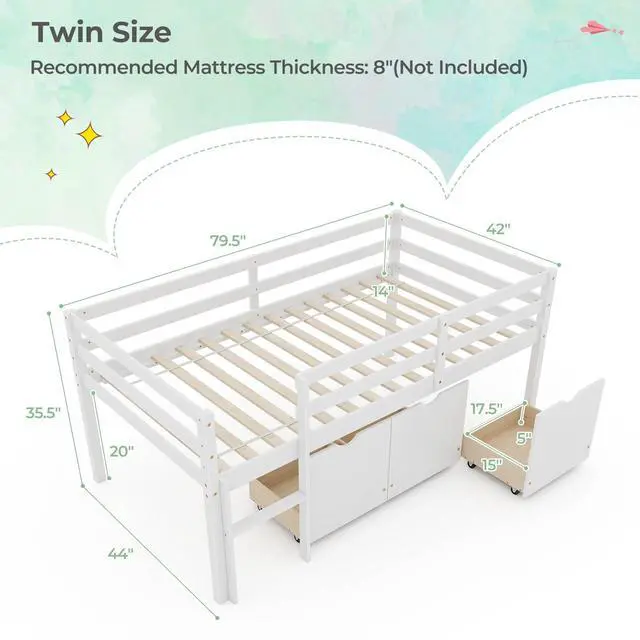 Alt view image 5 of 7 - SlickBlue Twin Size Low Loft Bed with 3 Drawers with Ladder and Full-length Guardrails