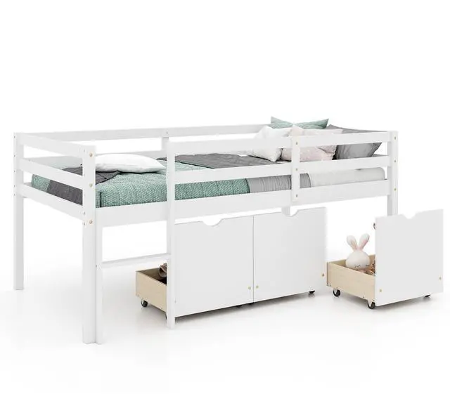 Alt view image 4 of 7 - SlickBlue Twin Size Low Loft Bed with 3 Drawers with Ladder and Full-length Guardrails