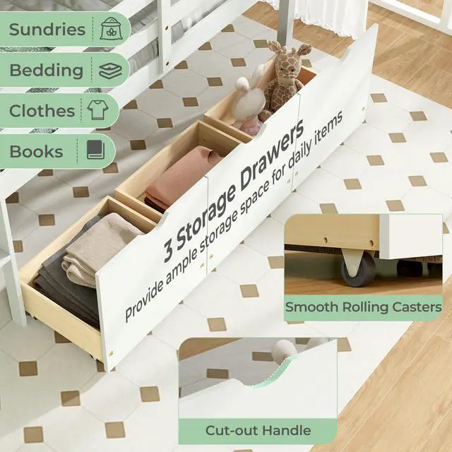 Alt view image 6 of 7 - SlickBlue Twin Size Low Loft Bed with 3 Drawers with Ladder and Full-length Guardrails