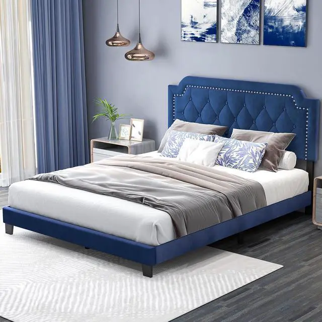 Alt view image 5 of 7 - SlickBlue Queen Size Velvet Platform Bed with Button Tufted and Nailhead Trim Headboard