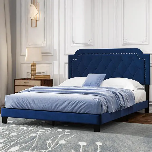 Alt view image 2 of 7 - SlickBlue Queen Size Velvet Platform Bed with Button Tufted and Nailhead Trim Headboard