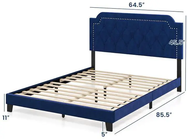 Alt view image 4 of 7 - SlickBlue Queen Size Velvet Platform Bed with Button Tufted and Nailhead Trim Headboard