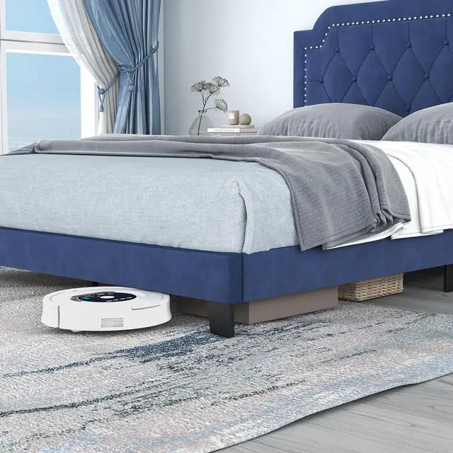 Alt view image 6 of 7 - SlickBlue Queen Size Velvet Platform Bed with Button Tufted and Nailhead Trim Headboard