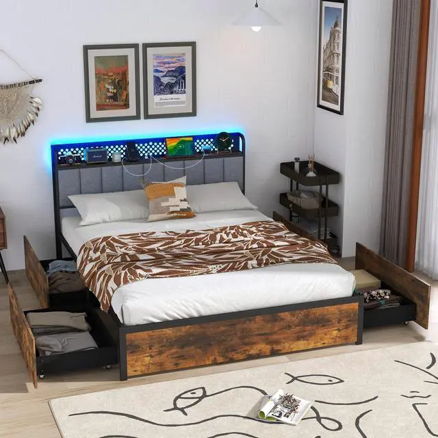 Alt view image 3 of 7 - SlickBlue Bed Frame with LED Lights  Upholstered Headboard and 4 Storage Drawers-Full Size