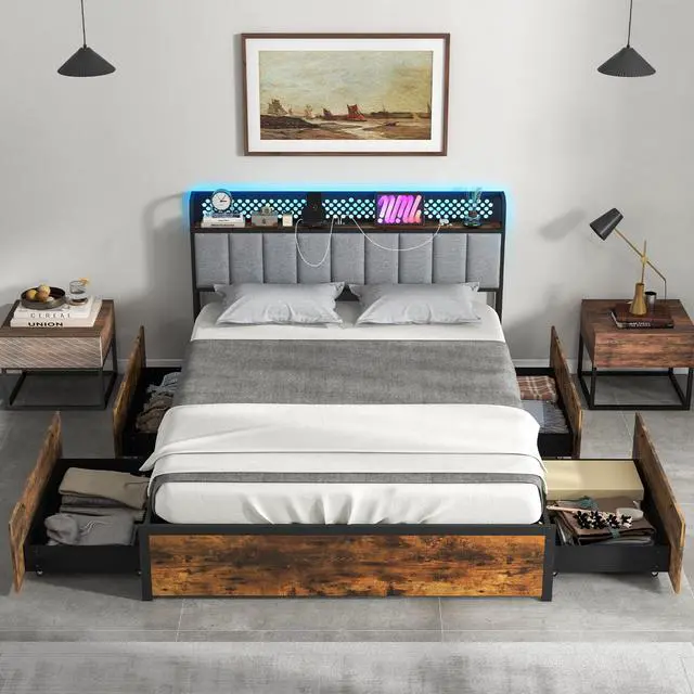 Alt view image 2 of 7 - SlickBlue Bed Frame with LED Lights  Upholstered Headboard and 4 Storage Drawers-Full Size