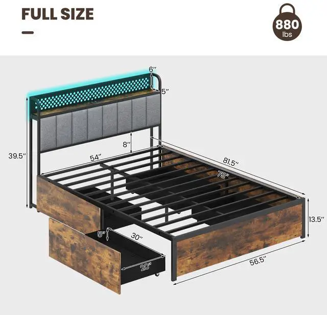 Alt view image 4 of 7 - SlickBlue Bed Frame with LED Lights  Upholstered Headboard and 4 Storage Drawers-Full Size