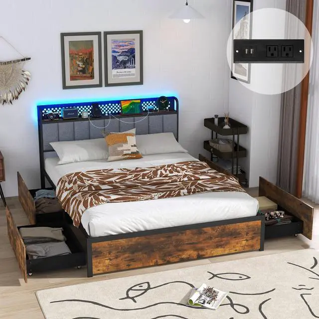 Alt view image 5 of 7 - SlickBlue Bed Frame with LED Lights  Upholstered Headboard and 4 Storage Drawers-Full Size