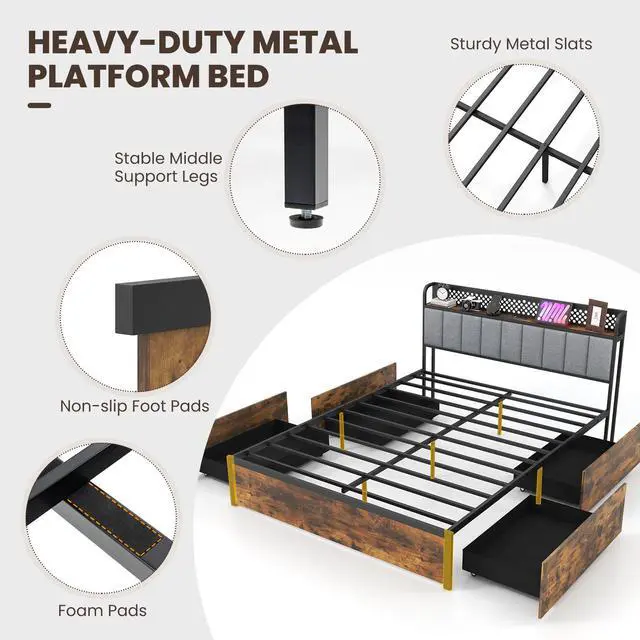 Alt view image 7 of 7 - SlickBlue Bed Frame with LED Lights  Upholstered Headboard and 4 Storage Drawers-Full Size
