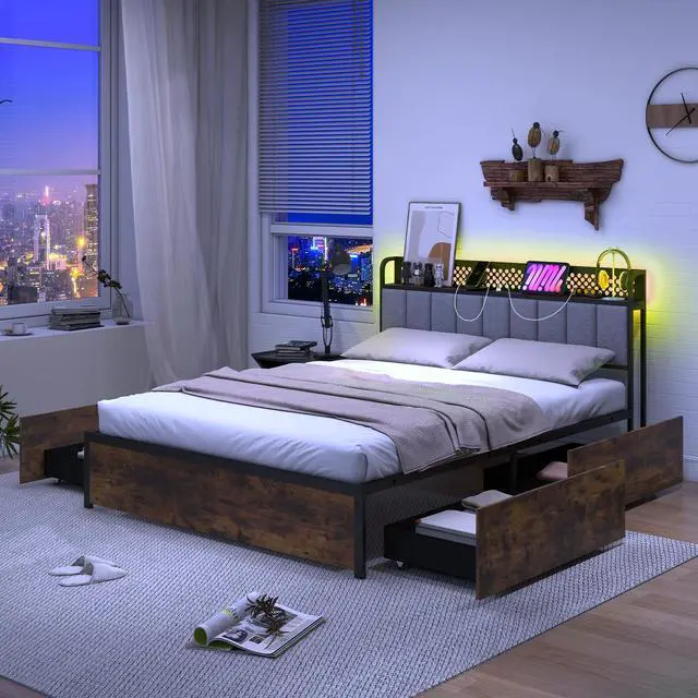 Alt view image 6 of 7 - SlickBlue Bed Frame with LED Lights  Upholstered Headboard and 4 Storage Drawers-Full Size