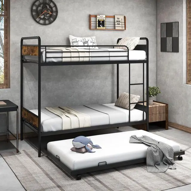 Alt view image 2 of 7 - SlickBlue Twin Over Twin Bunk Bed with Trundle with Ladder and Full-length Guardrails-Black