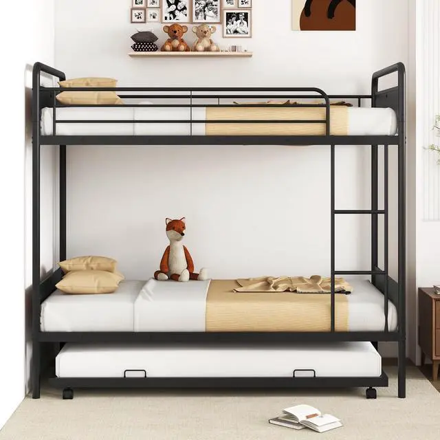 Alt view image 3 of 7 - SlickBlue Twin Over Twin Bunk Bed with Trundle with Ladder and Full-length Guardrails-Black