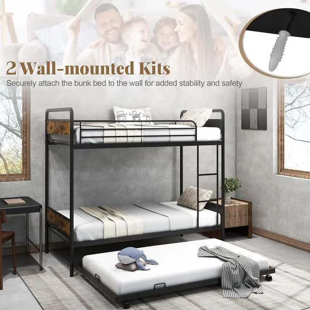 Alt view image 6 of 7 - SlickBlue Twin Over Twin Bunk Bed with Trundle with Ladder and Full-length Guardrails-Black