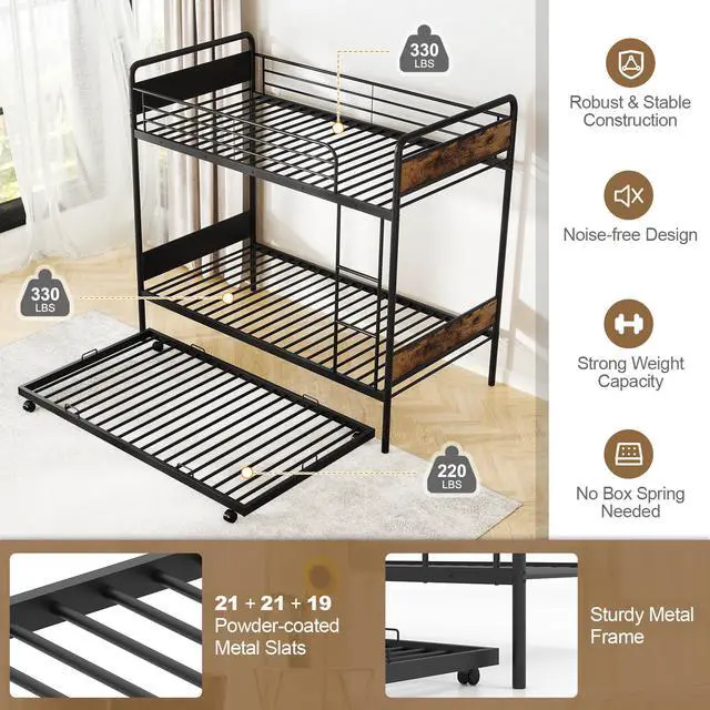 Alt view image 5 of 7 - SlickBlue Twin Over Twin Bunk Bed with Trundle with Ladder and Full-length Guardrails-Black