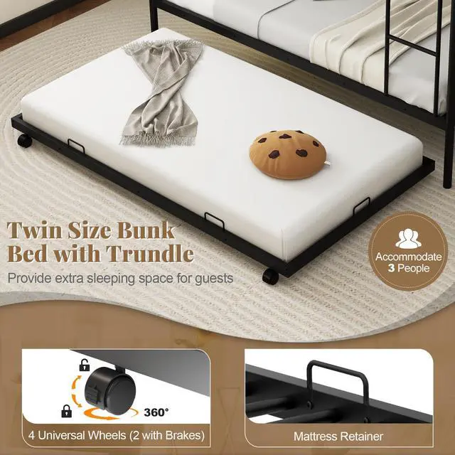 Alt view image 7 of 7 - SlickBlue Twin Over Twin Bunk Bed with Trundle with Ladder and Full-length Guardrails-Black