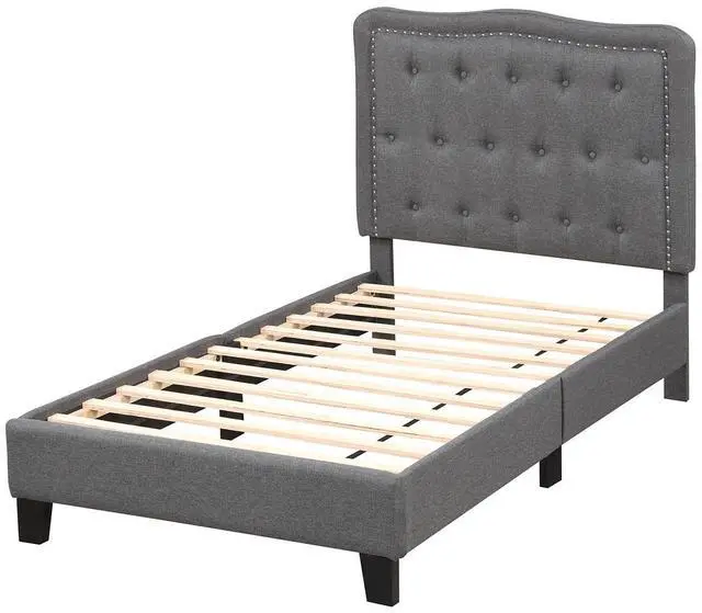 Main image of SlickBlue Twin Size Bed Frame with 46 Inch Tall Button Tufted Headboard-Gray