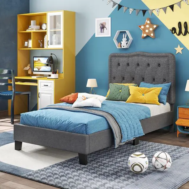 Alt view image 2 of 7 - SlickBlue Twin Size Bed Frame with 46 Inch Tall Button Tufted Headboard-Gray