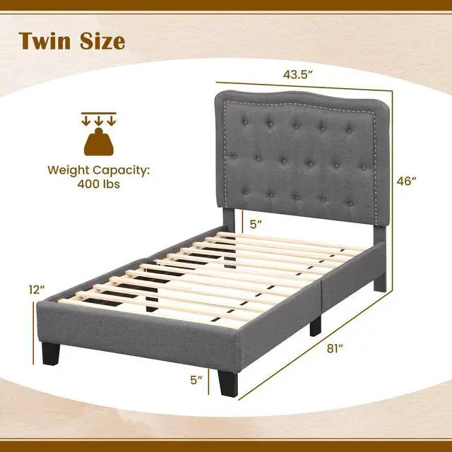 Alt view image 4 of 7 - SlickBlue Twin Size Bed Frame with 46 Inch Tall Button Tufted Headboard-Gray