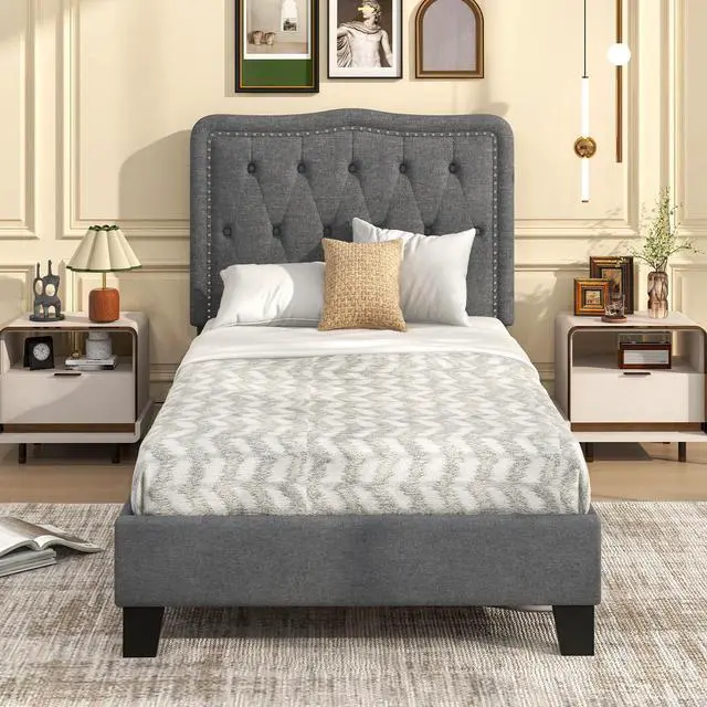 Alt view image 3 of 7 - SlickBlue Twin Size Bed Frame with 46 Inch Tall Button Tufted Headboard-Gray