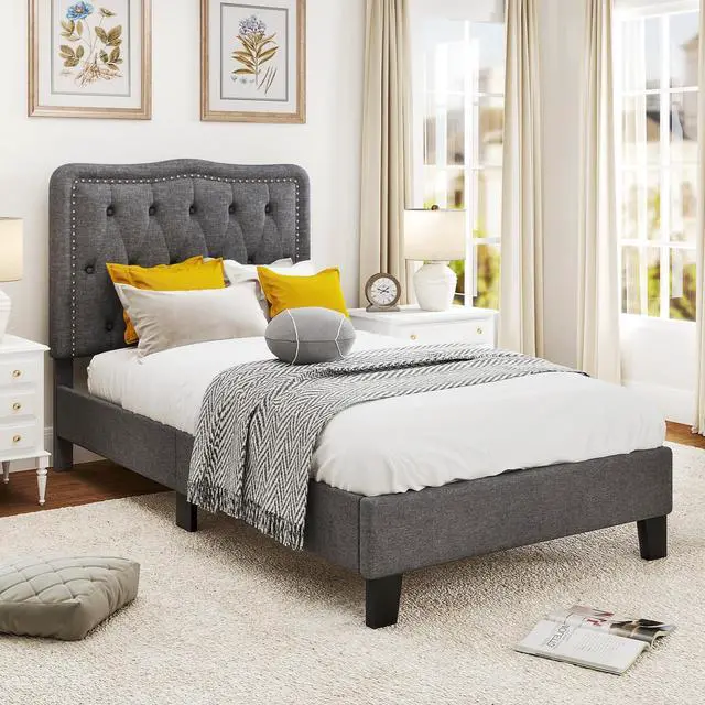Alt view image 5 of 7 - SlickBlue Twin Size Bed Frame with 46 Inch Tall Button Tufted Headboard-Gray