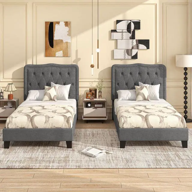 Alt view image 6 of 7 - SlickBlue Twin Size Bed Frame with 46 Inch Tall Button Tufted Headboard-Gray