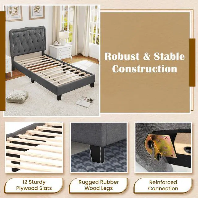 Alt view image 7 of 7 - SlickBlue Twin Size Bed Frame with 46 Inch Tall Button Tufted Headboard-Gray