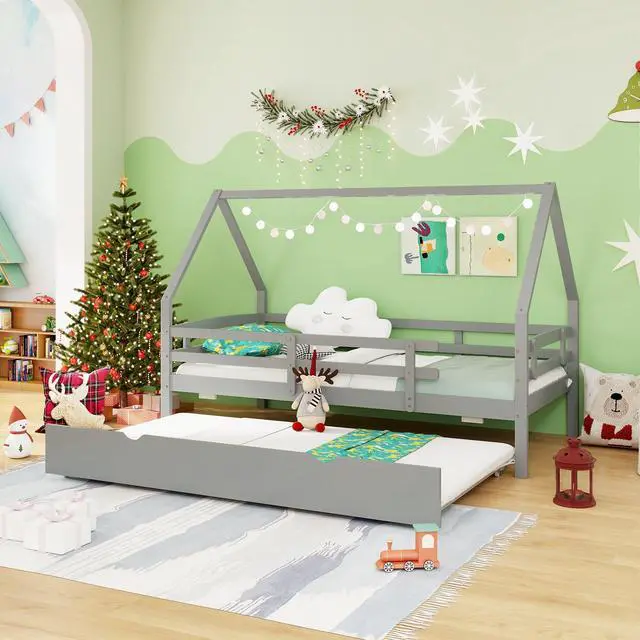 Alt view image 2 of 7 - SlickBlue Twin House Bed with Trundle and Fence Rail
