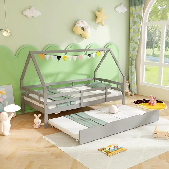 Alt view image 3 of 7 - SlickBlue Twin House Bed with Trundle and Fence Rail