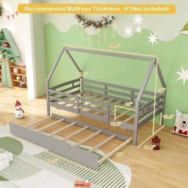 Alt view image 4 of 7 - SlickBlue Twin House Bed with Trundle and Fence Rail